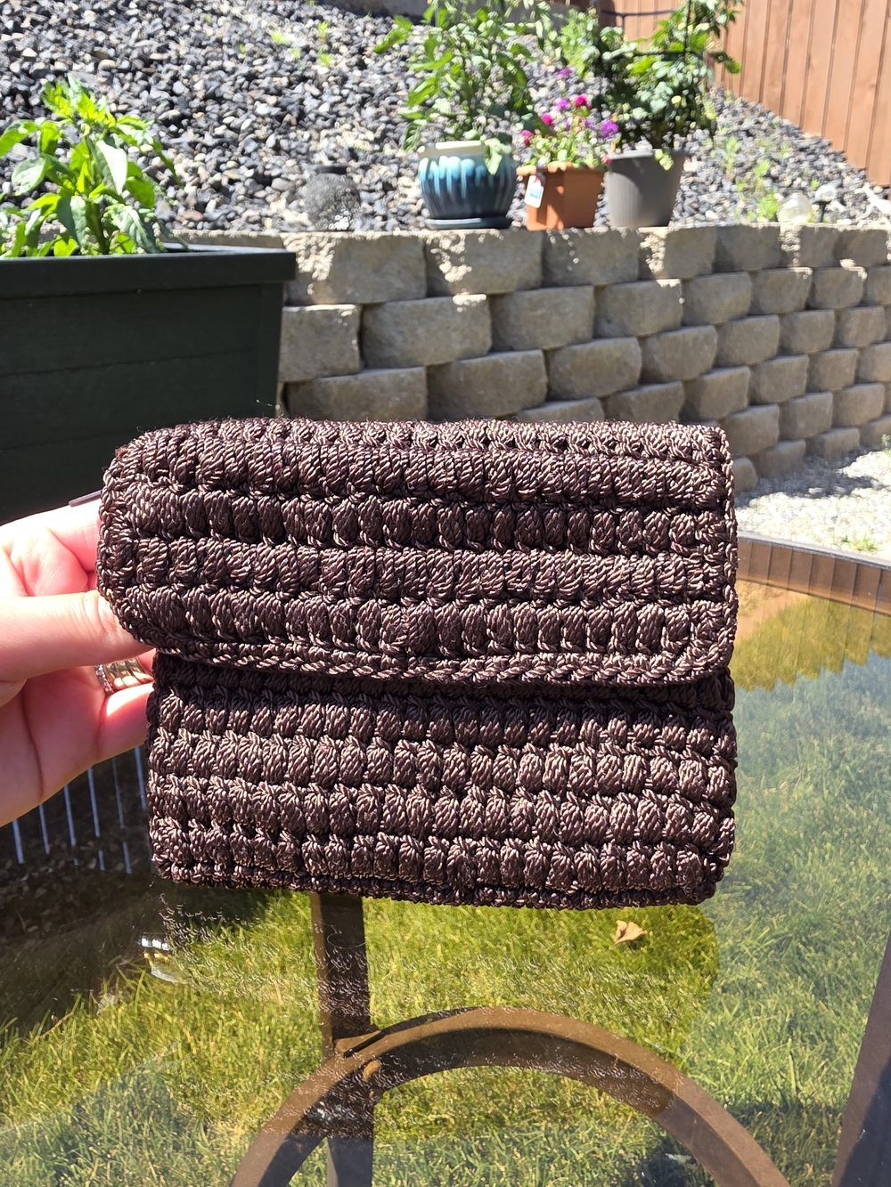 Charter Club Crochet Fold-Over Clutch Bag Dark Brown Handmade Boho GUC